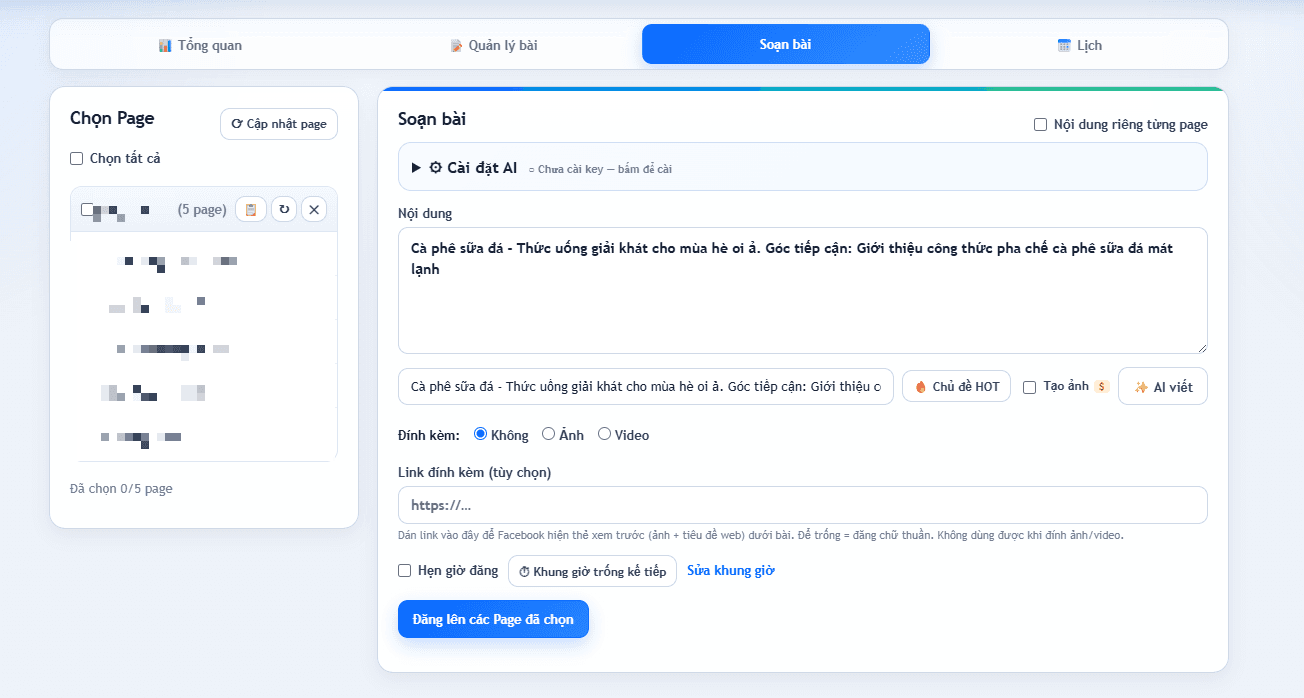 Màn hình soạn bài của app Trendiora: chọn nhiều Fanpage bên trái, nội dung và hẹn giờ bên phải