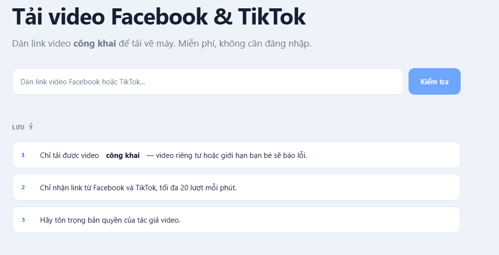 Công cụ tải video: dán link Facebook hoặc TikTok công khai rồi bấm Kiểm tra